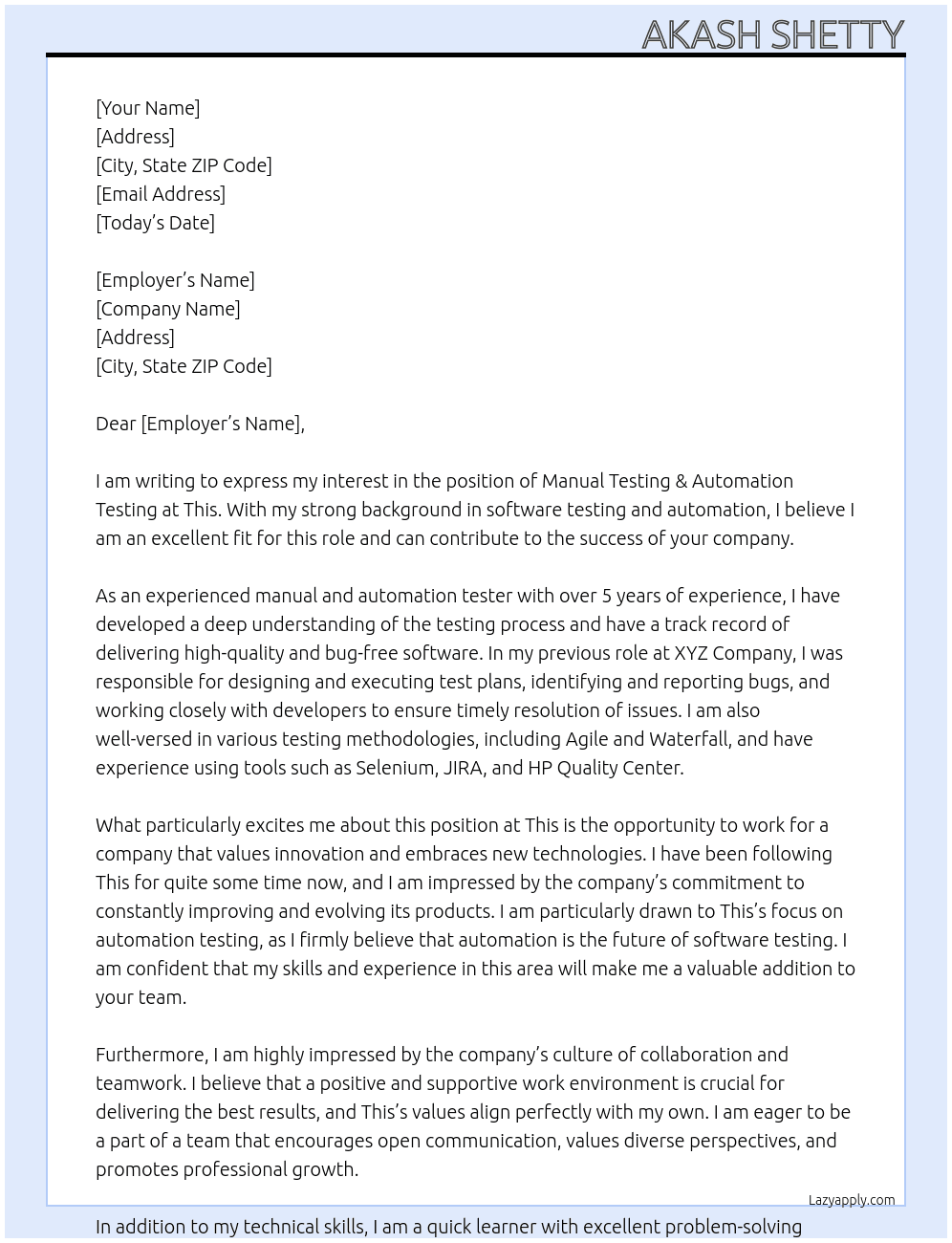 Manual Testing & Automation Testing At This Cover Letter