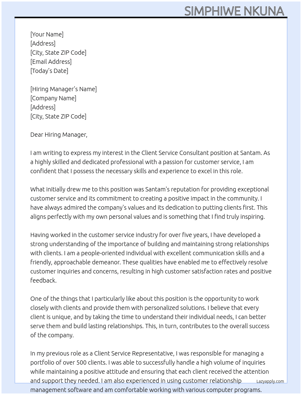 Client Service Consultant  At Santam  Cover Letter
