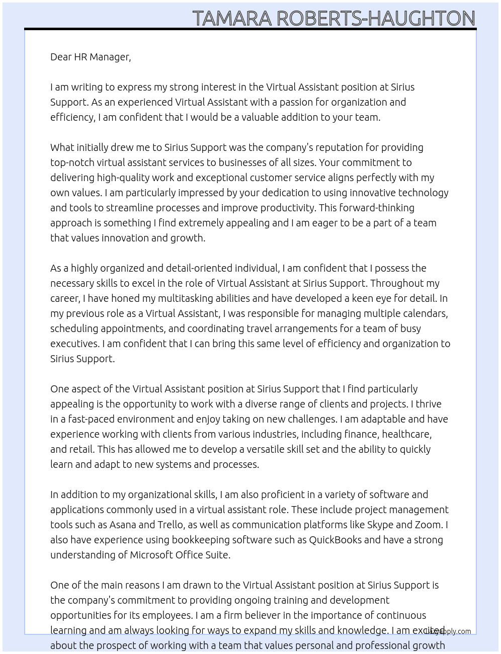 Virtual Assistant At Sirius support Cover Letter