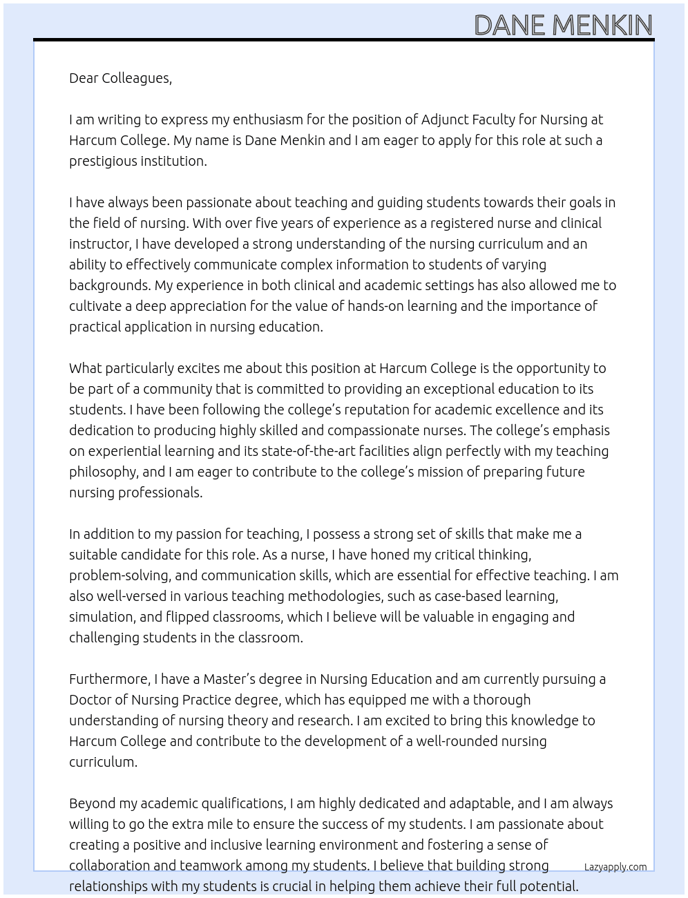 adjunct faculty nursing At Harcum College Cover Letter