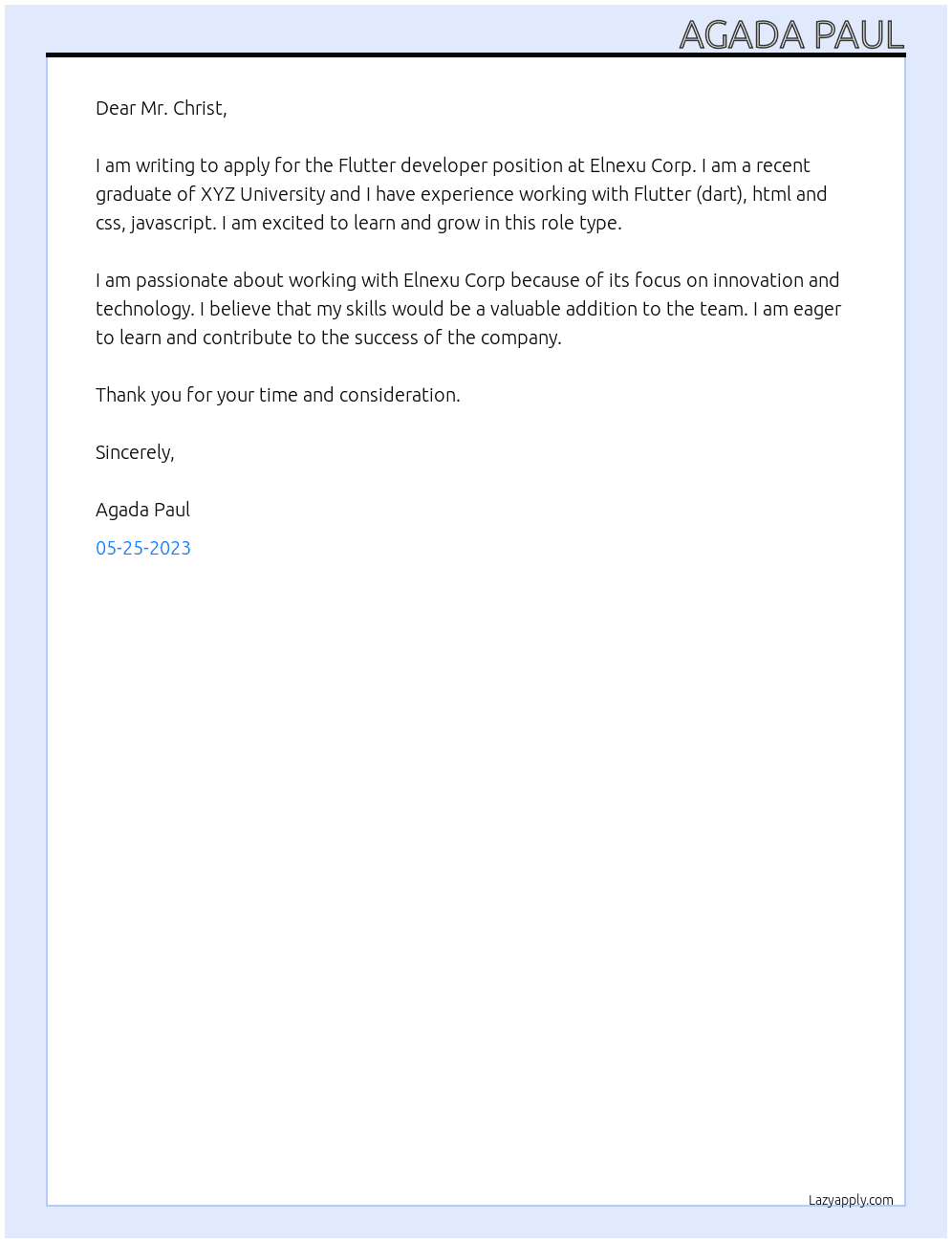 Flutter developer  At Elnexu Corp. Cover Letter