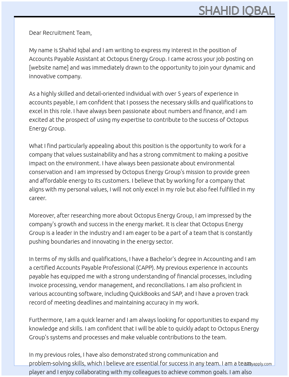 Accounts Payable Assistant At Octopus Energy Group Cover Letter
