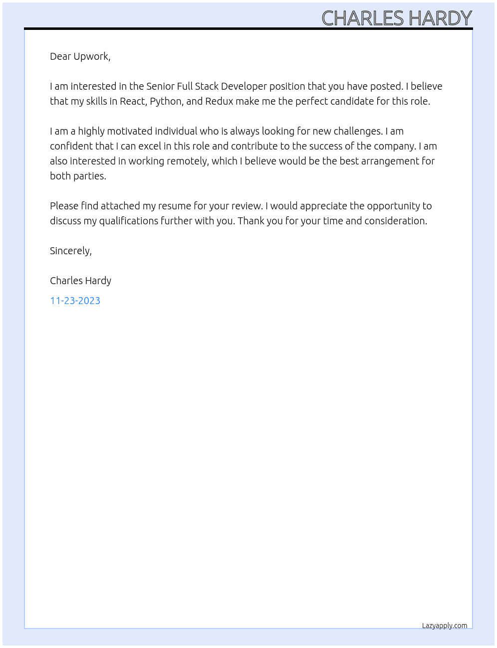 Senior Full Stack Developer At Upwork Cover Letter