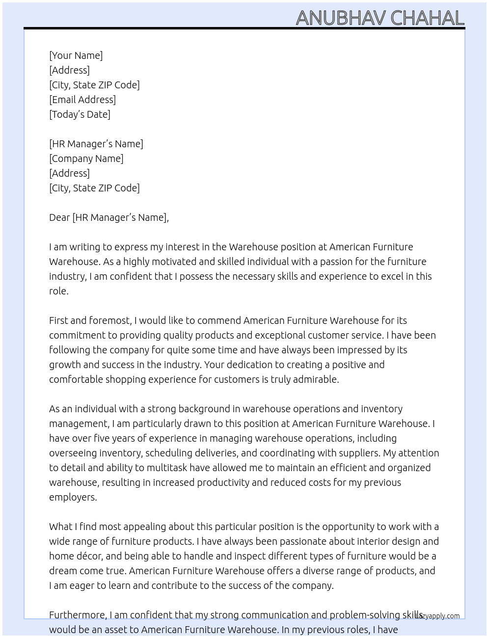 Warehouse  At American Furniture Warehouse Cover Letter