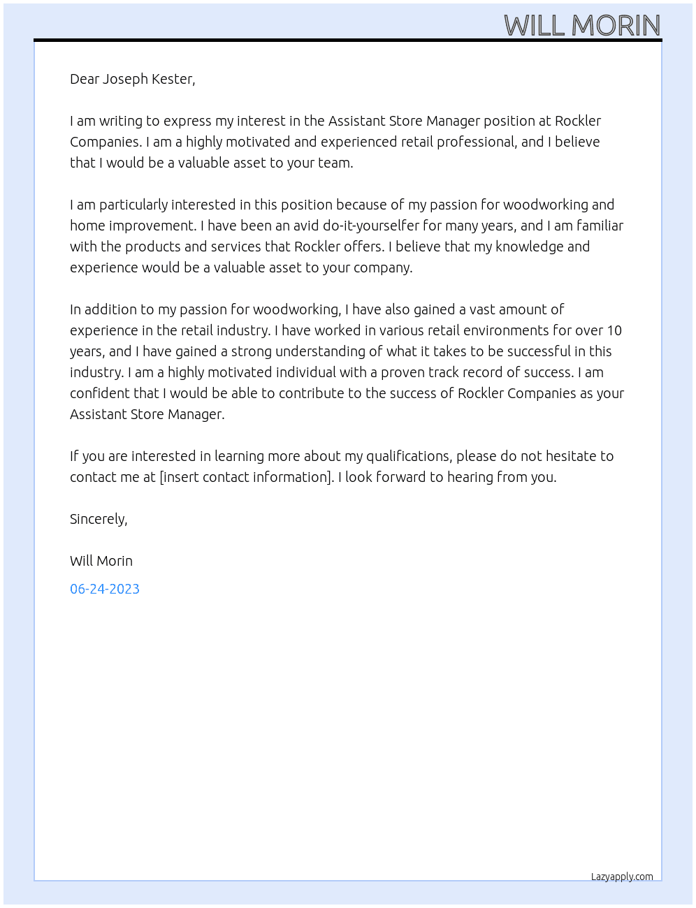 Assistant Store Manager At Rockler Companies Cover Letter
