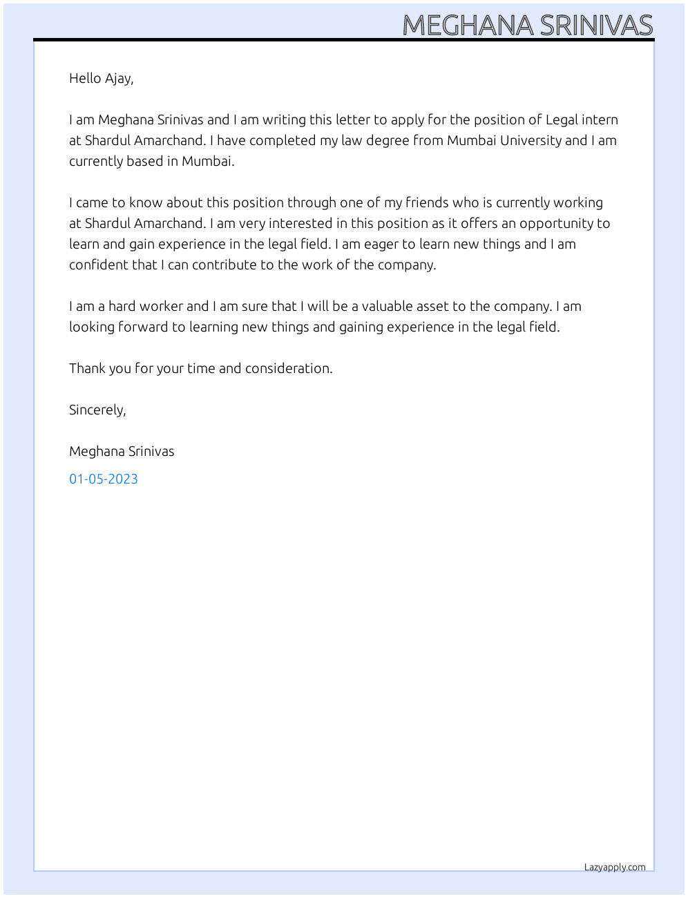 Legal intern At Shardul Amarchand  Cover Letter