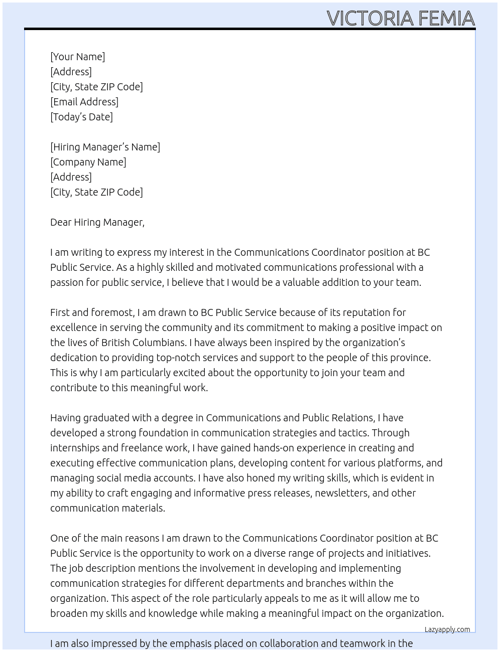 communications coordinator At BC Public Service Cover Letter