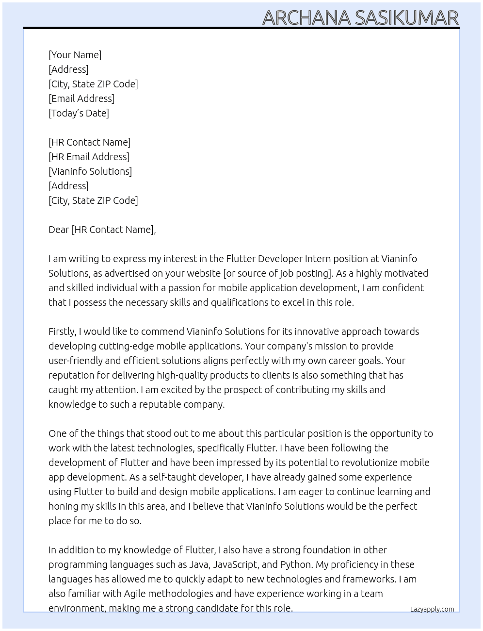 flutter developer intern At vianinfo solutions Cover Letter
