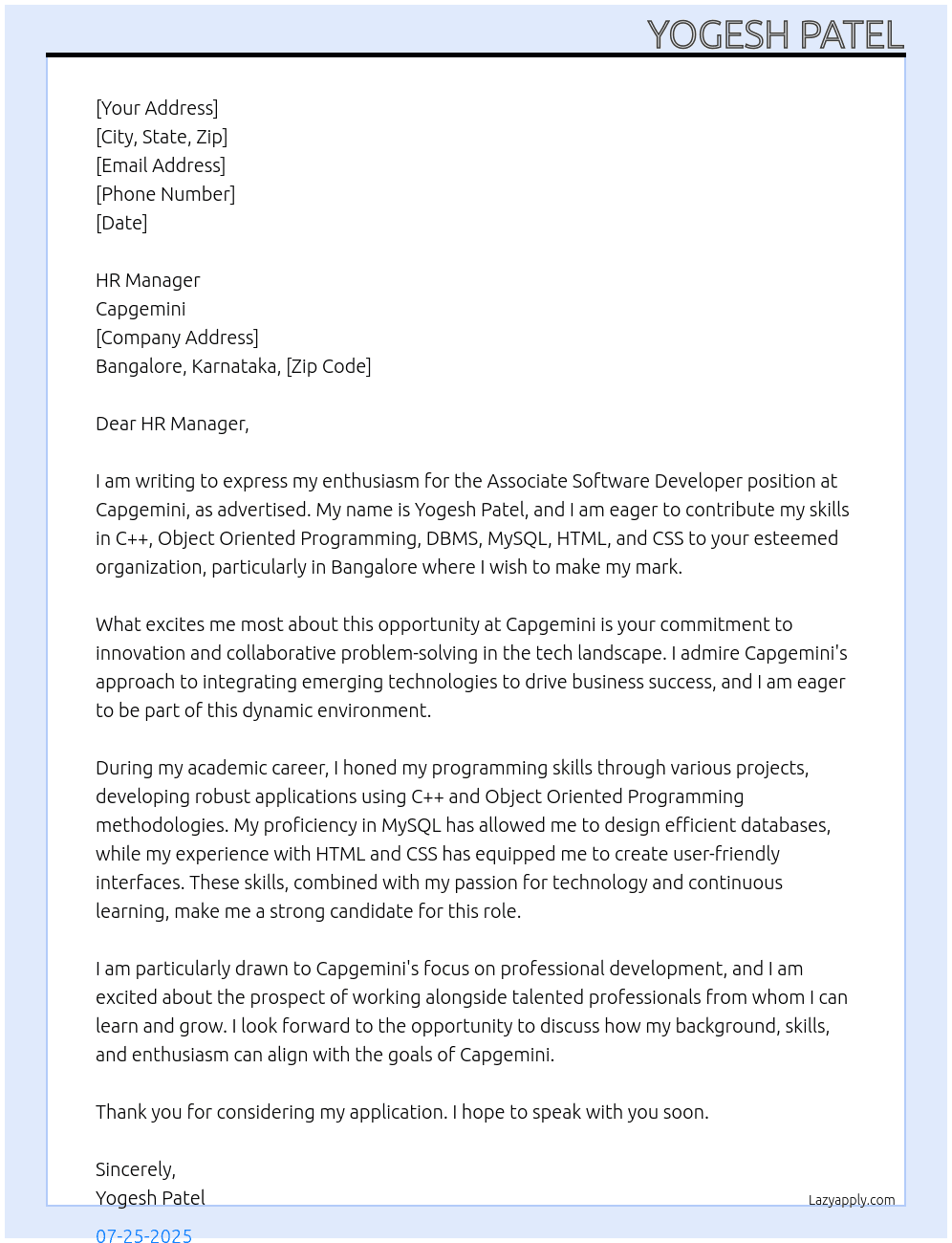 Associate Software Developer  At Capgimini Cover Letter