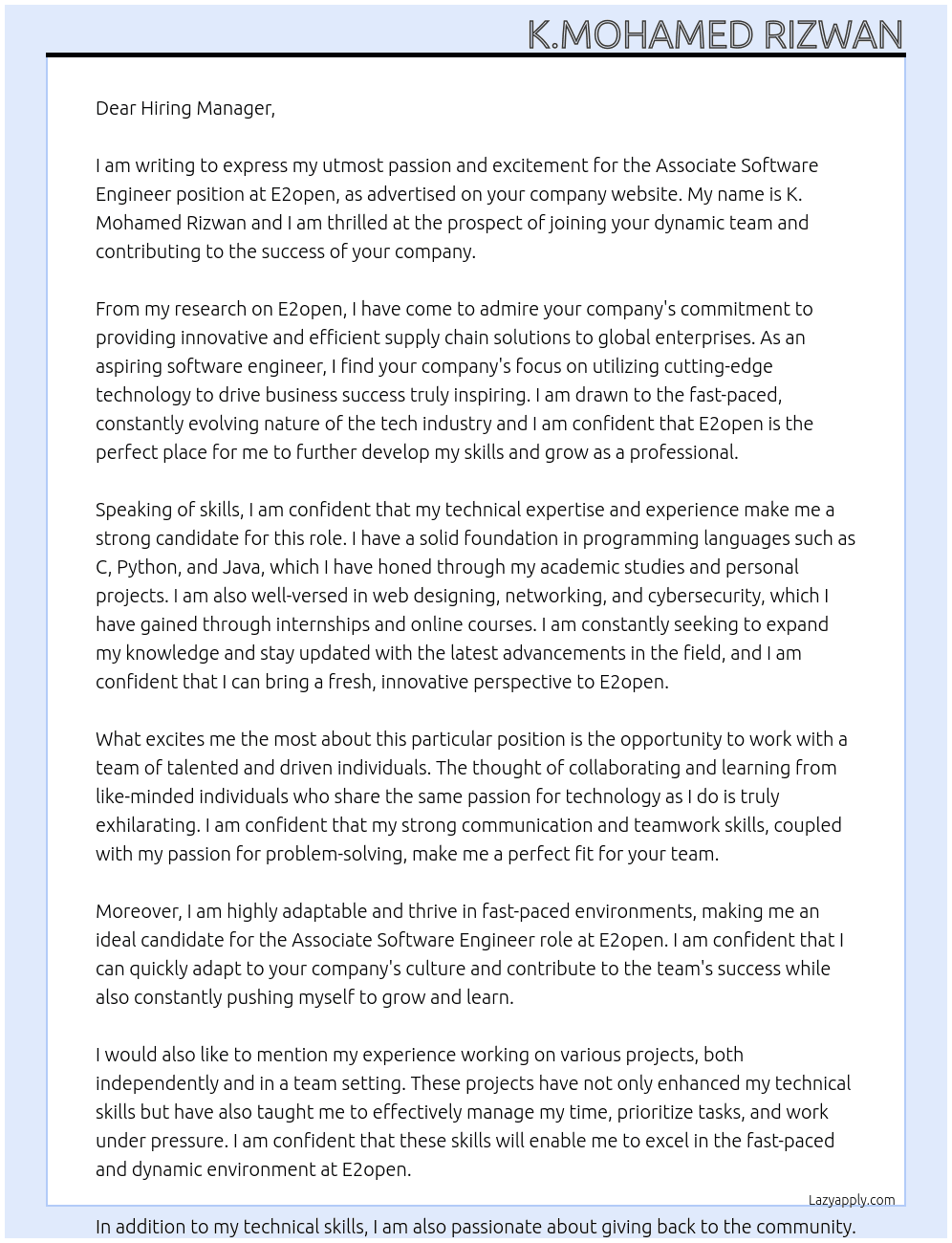 Associate Software Engineer  At E2open Cover Letter