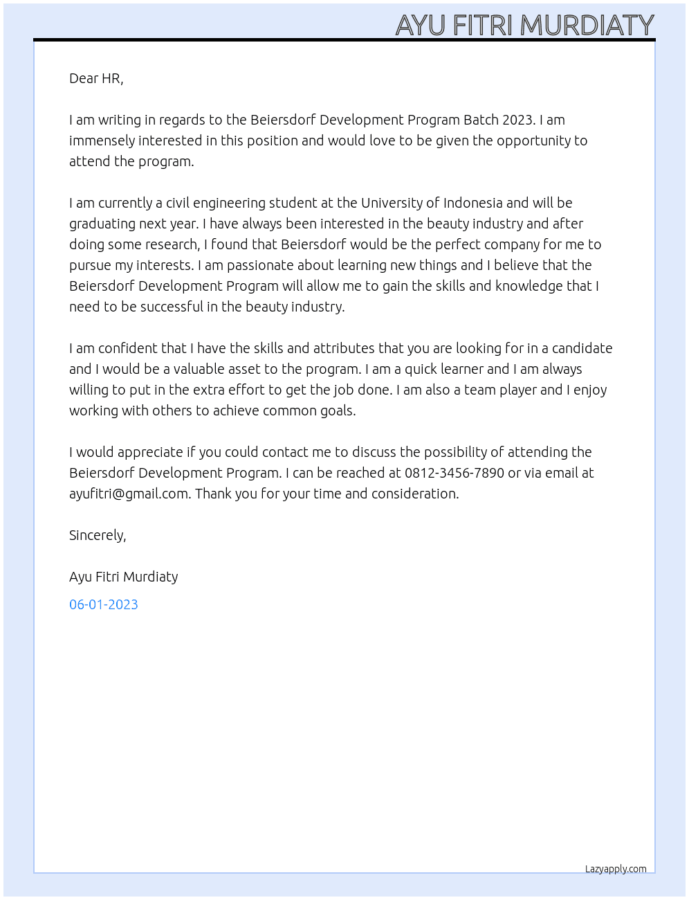 BEIERSDORF DEVELOPMENT PROGRAM BATCH 2023 At BEIERSDORF Cover Letter