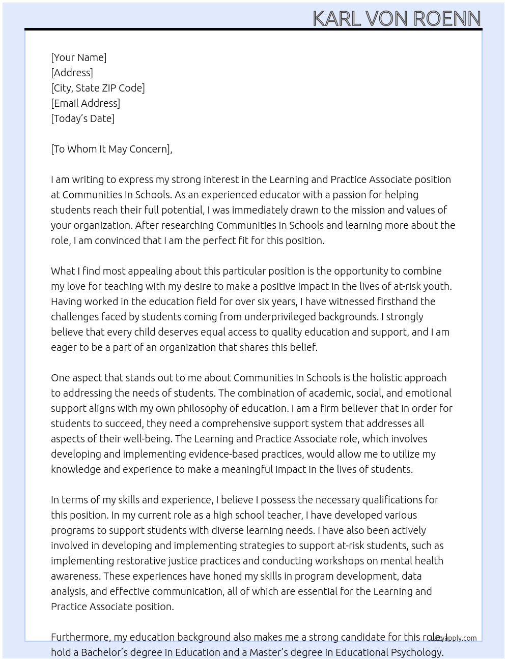Learning and Practice Associate At Communities In Schools Cover Letter
