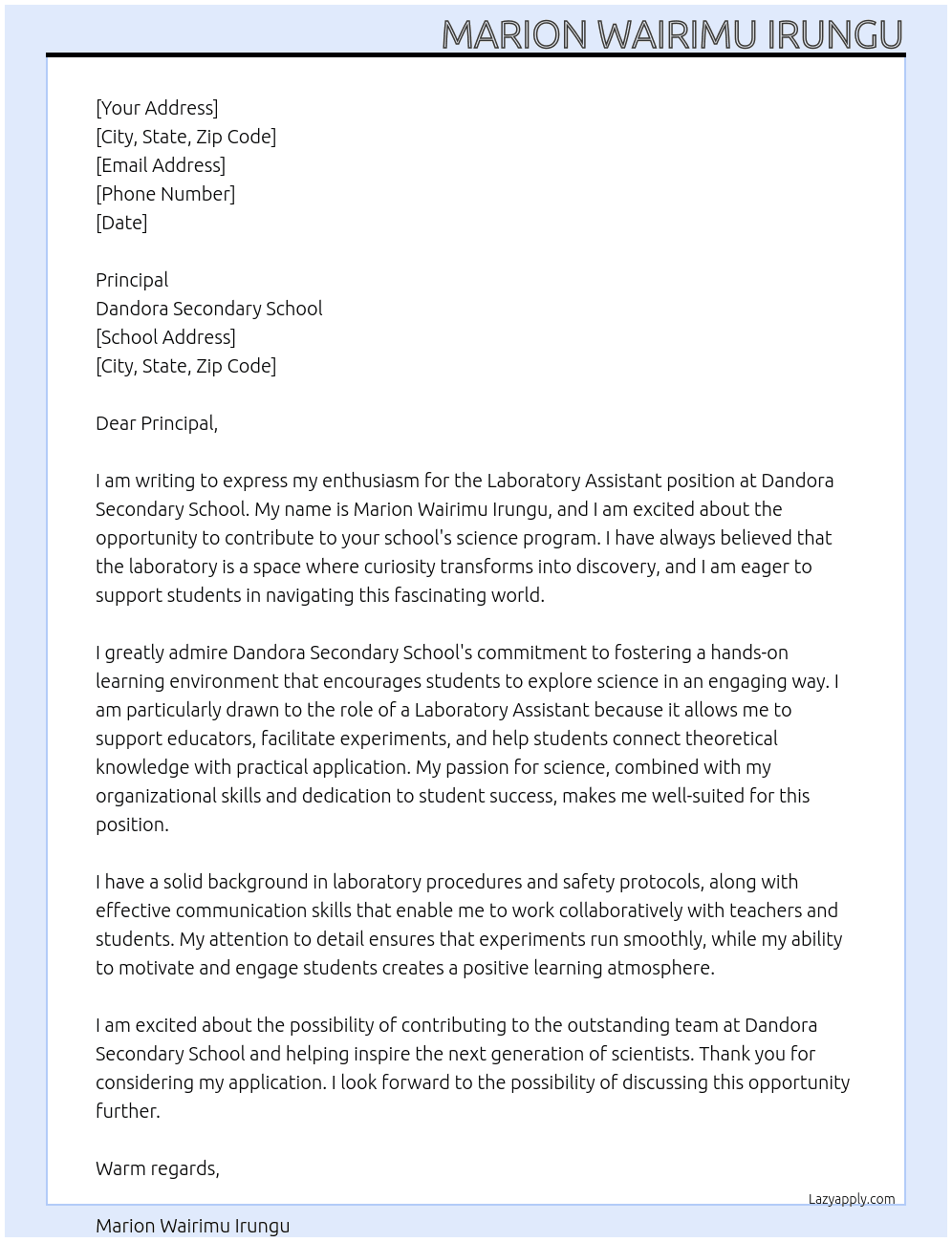 laboratory assistant At Dandora Secondary School Cover Letter