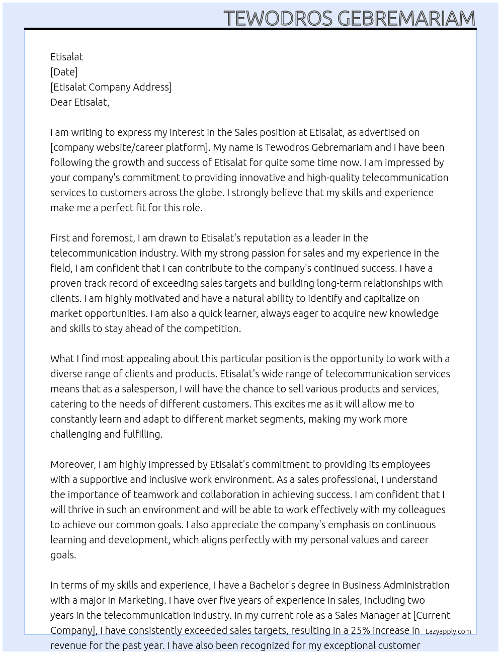 Sales At Etisalat Cover Letter