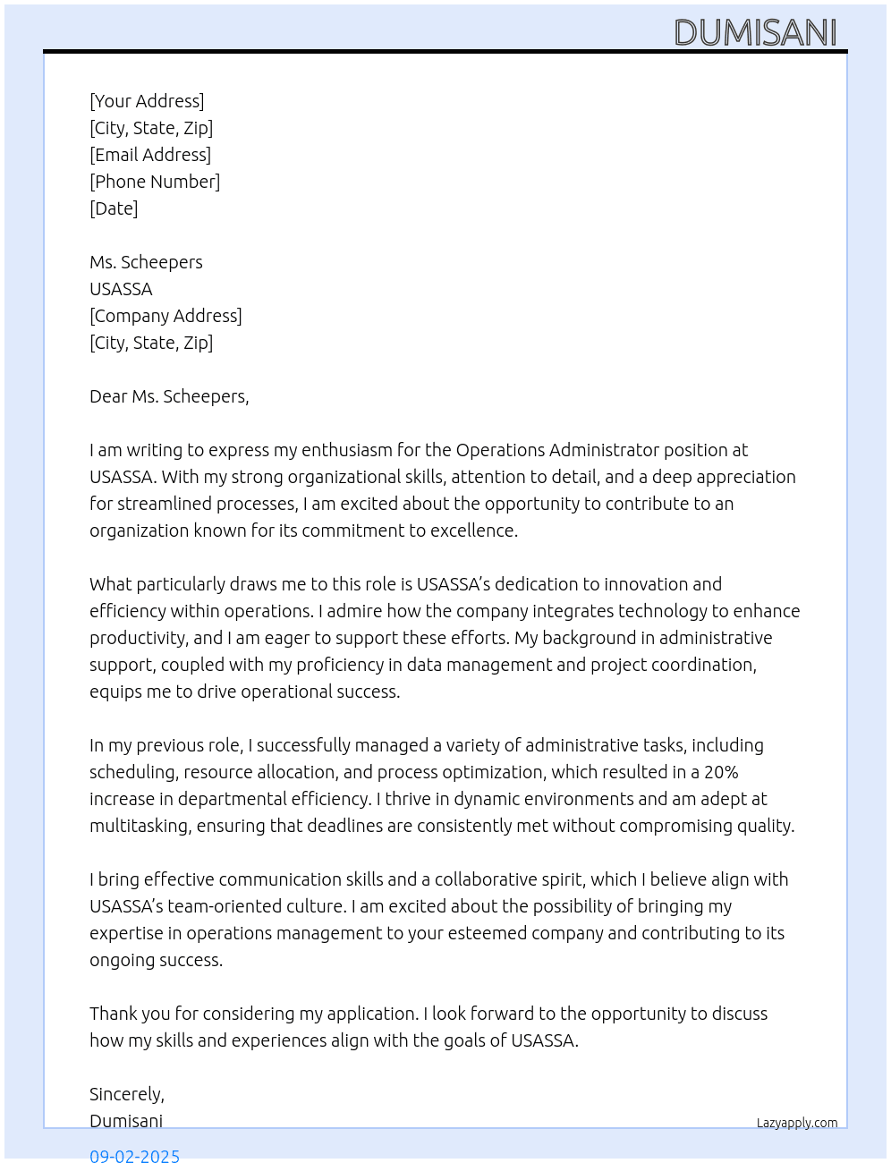 operations administrator At usassa Cover Letter
