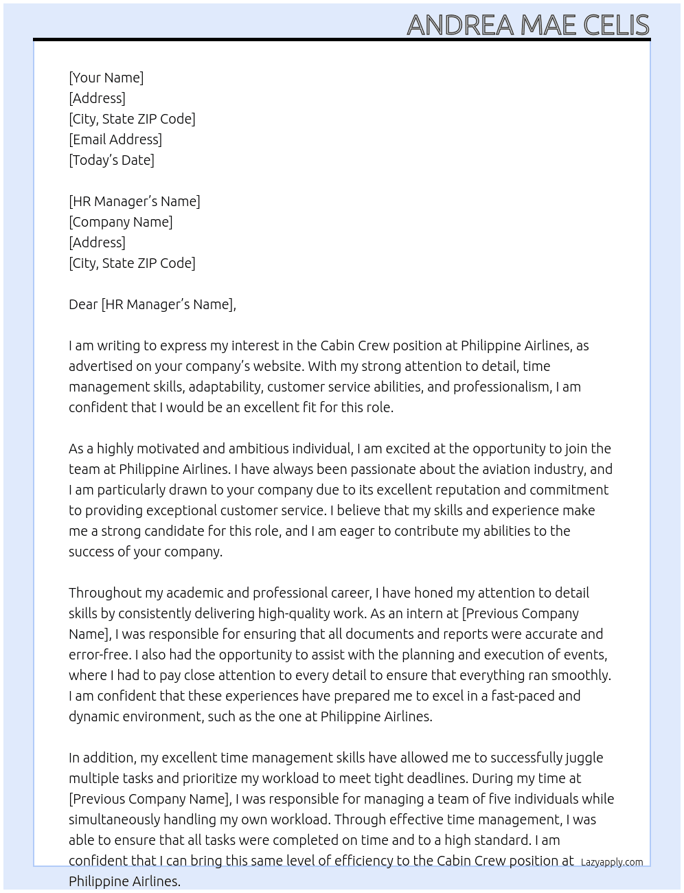 Cabin Crew At Philippine Airlines Cover Letter