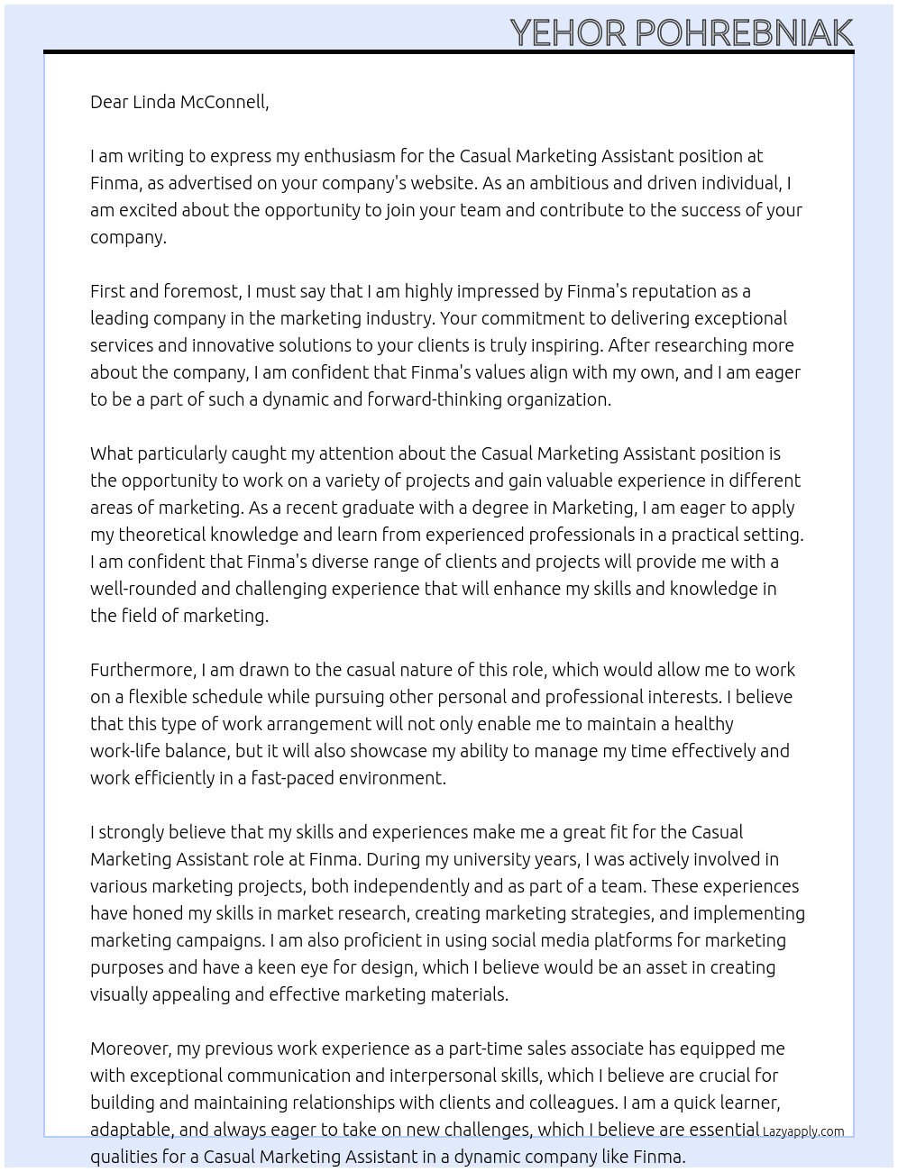 Casual Marketing Assistant At Finma Cover Letter