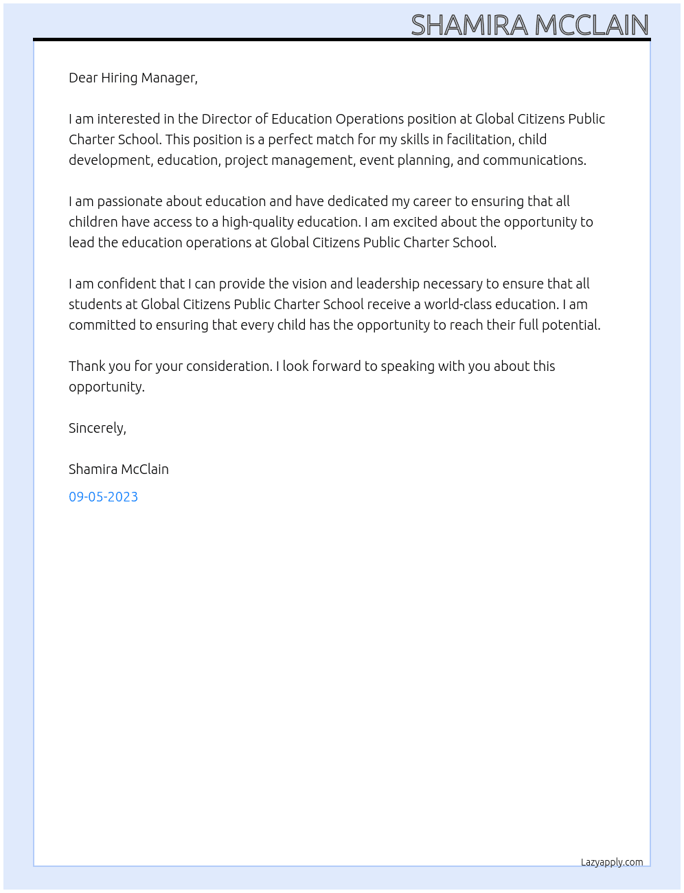Director of Education Operations At Global Citizens Public Charter School Cover Letter