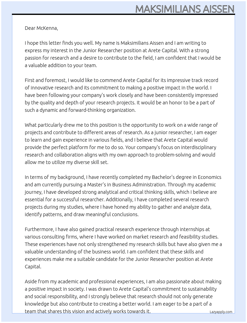 junior researcher At Arete Capital Cover Letter