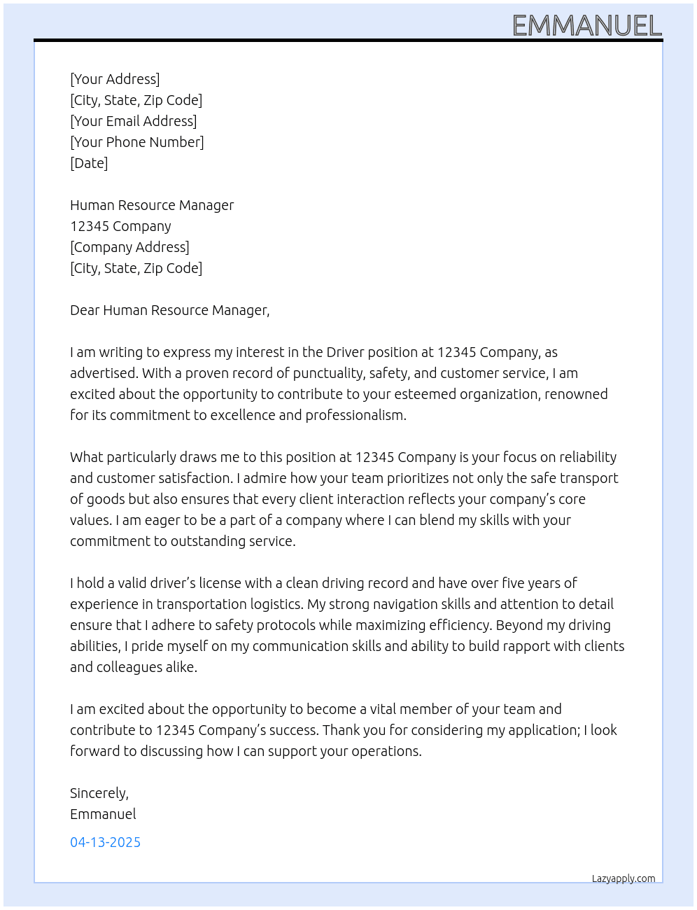 Driver At 12345 Company Cover Letter