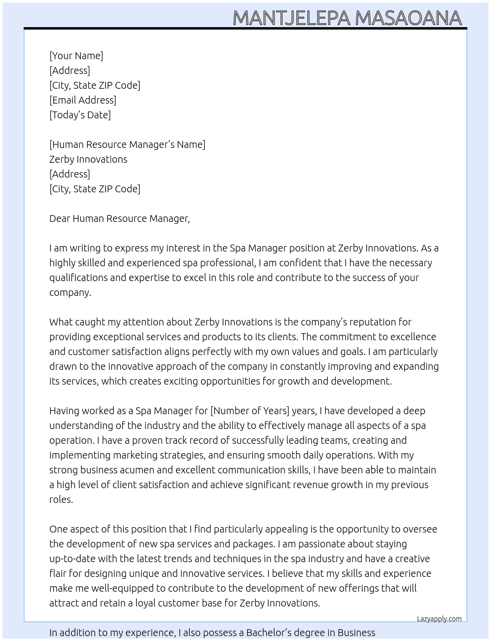 Spa Manager  At Zerby Innovations  Cover Letter