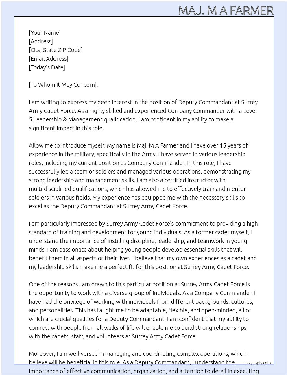 Deputy Commandant At Surrey Army Cadet Force Cover Letter