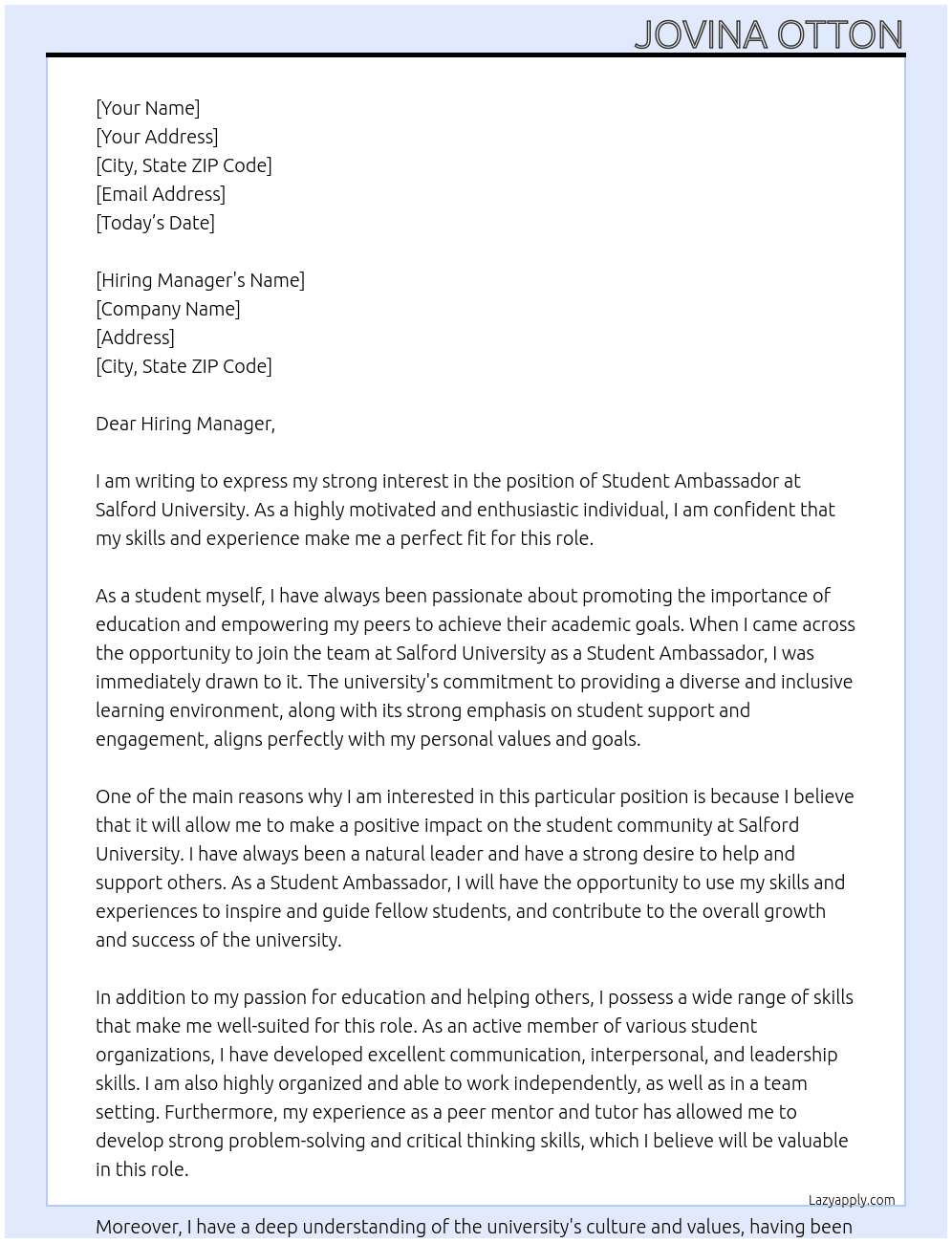 Student Ambassador At Salford University Cover Letter