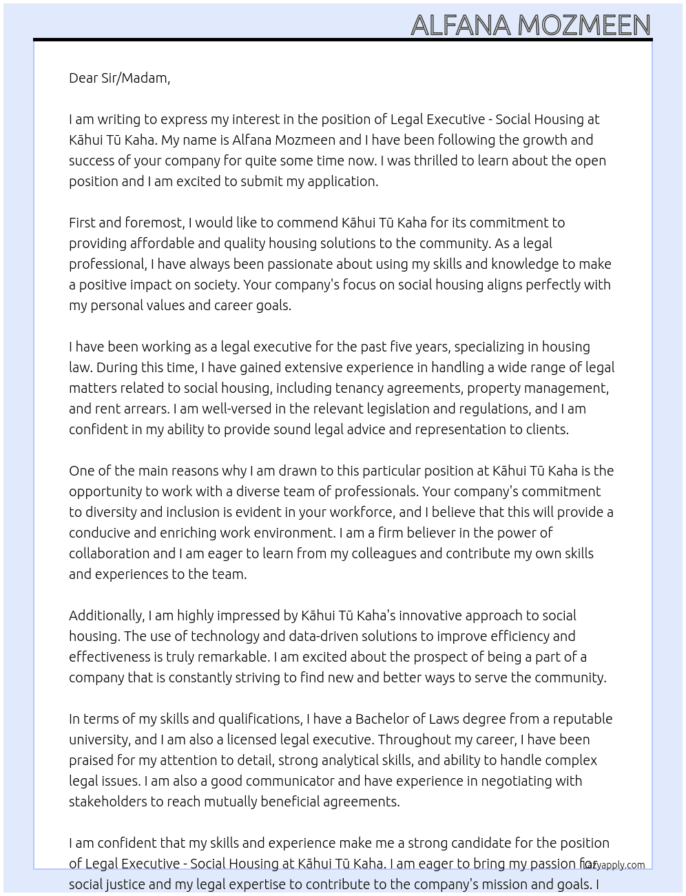 Legal Executive - Social Housing At Kāhui Tū Kaha Cover Letter