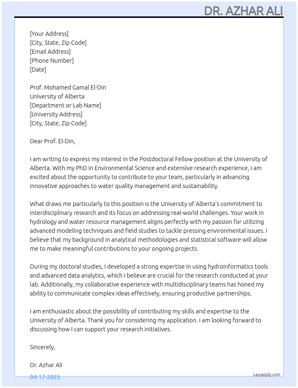 Cover letter for postdoctoral fellow position - LazyApply