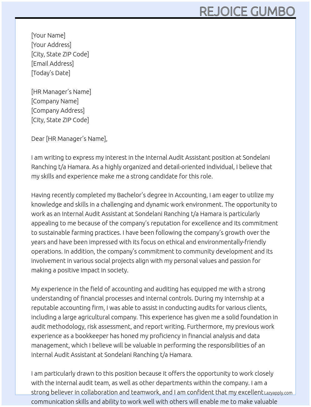 Internal Audit Assistant At Sondelani Ranching t/a Hamara Cover Letter