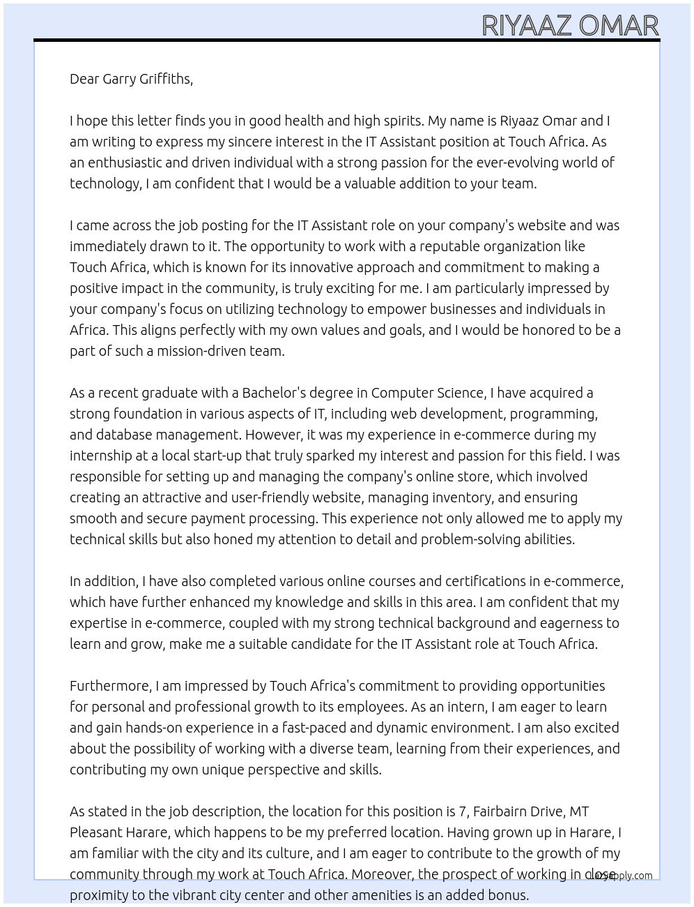 IT assistant  At Touch Africa  Cover Letter