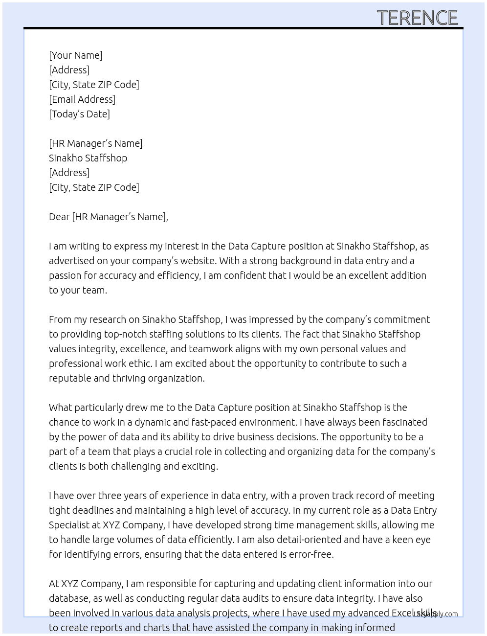 Data capture  At Sinakho Staffshop Cover Letter