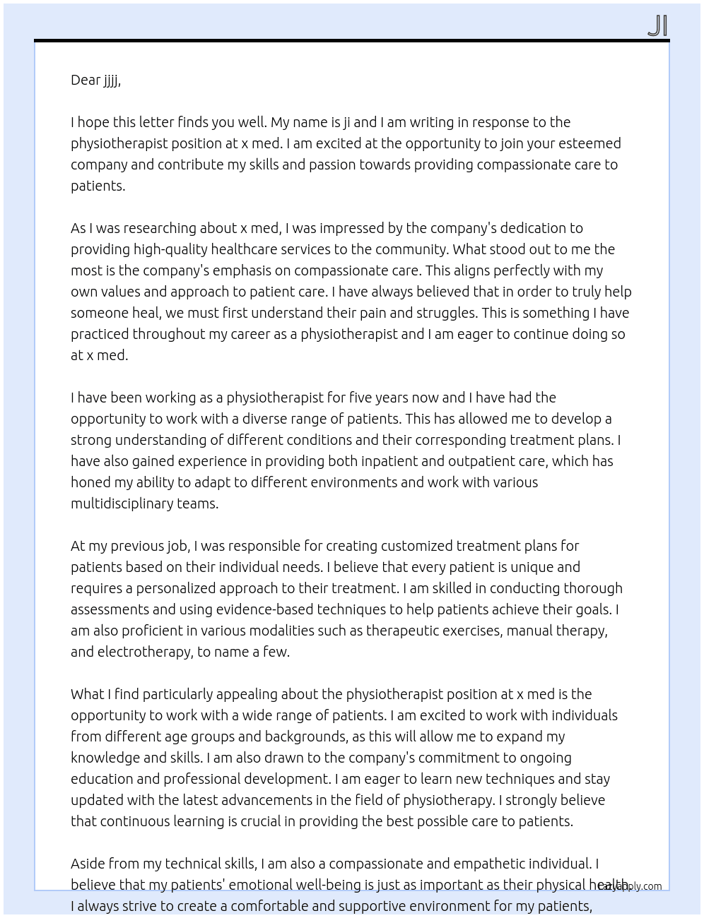 physoptherapist At x med Cover Letter