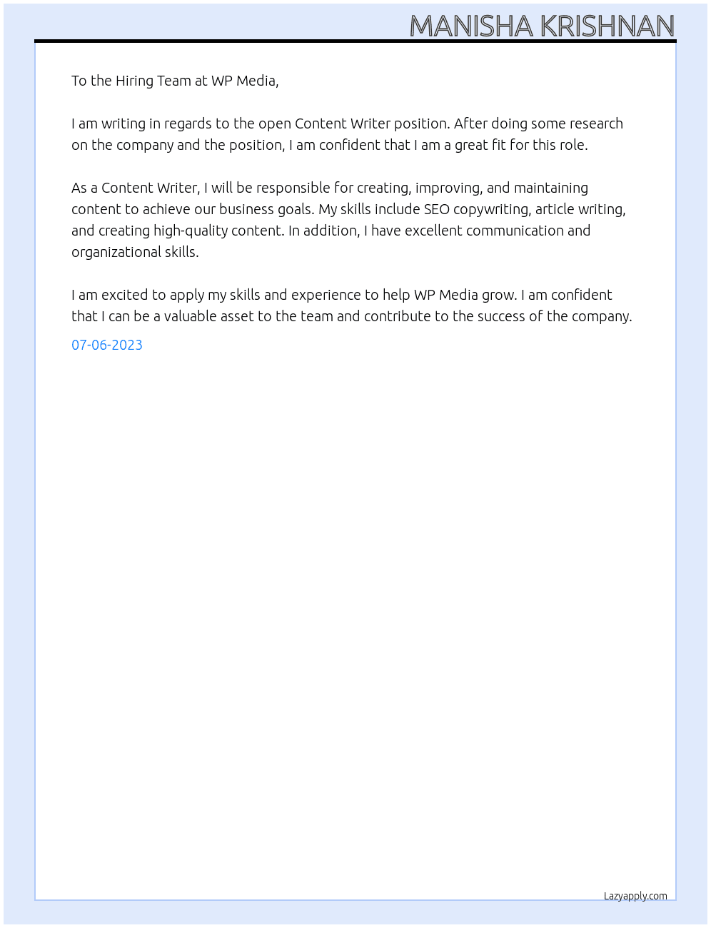Content writer At WP Media Cover Letter
