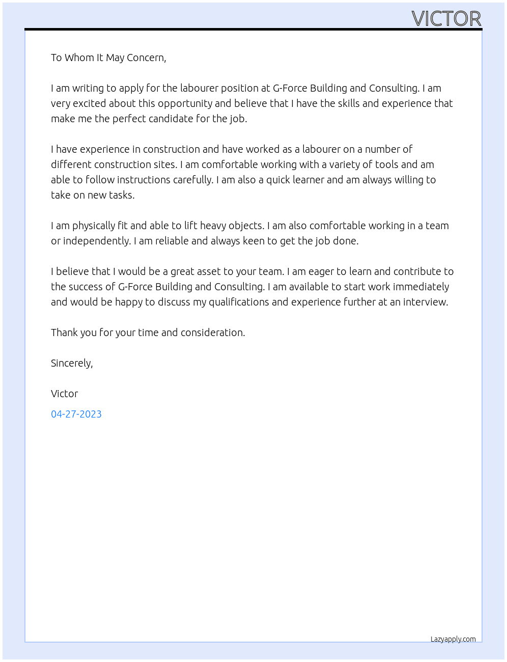 Labourer At G-Force Building and Consulting Cover Letter