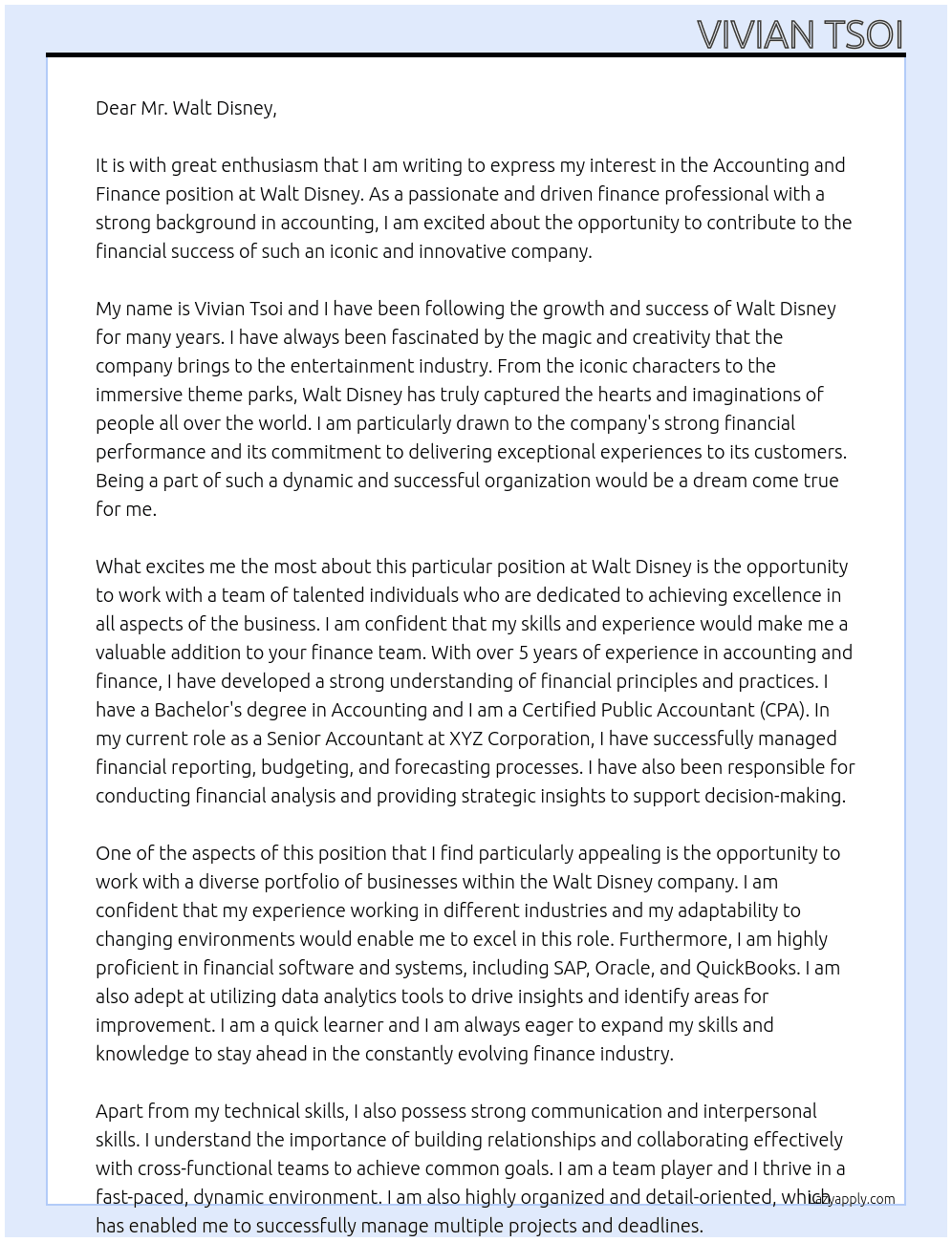 accounting and finance At walt disney Cover Letter