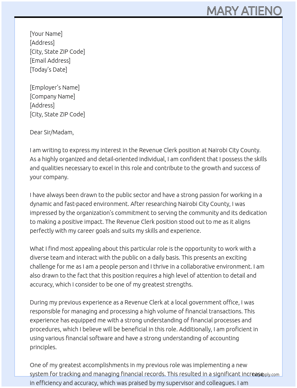 revenue clerk At Nairobi City County  Cover Letter