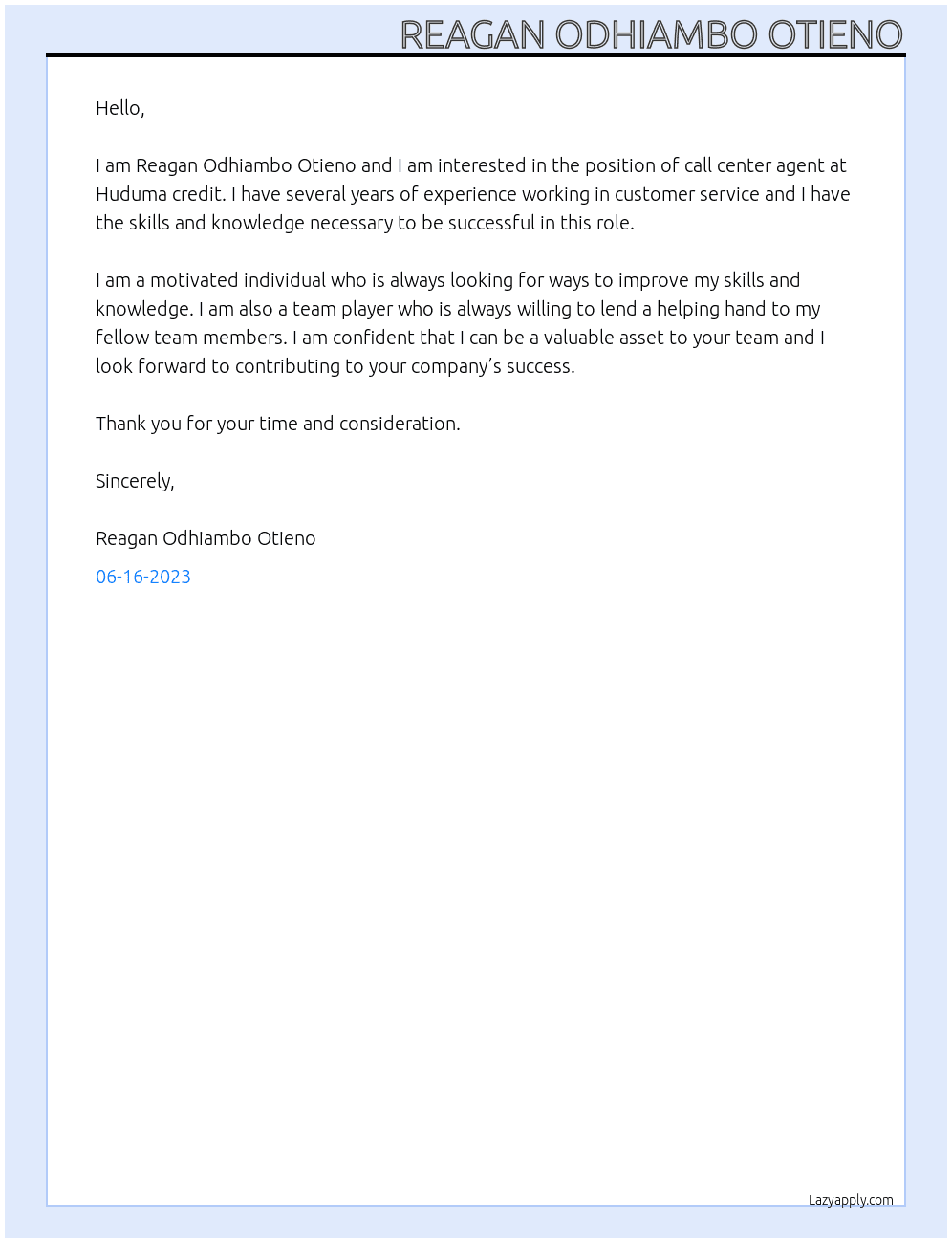 Call center agent At Huduma credit Cover Letter