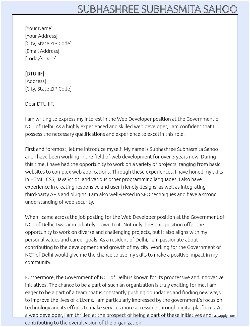web developer At Govt. of NCT og delhi Cover Letter