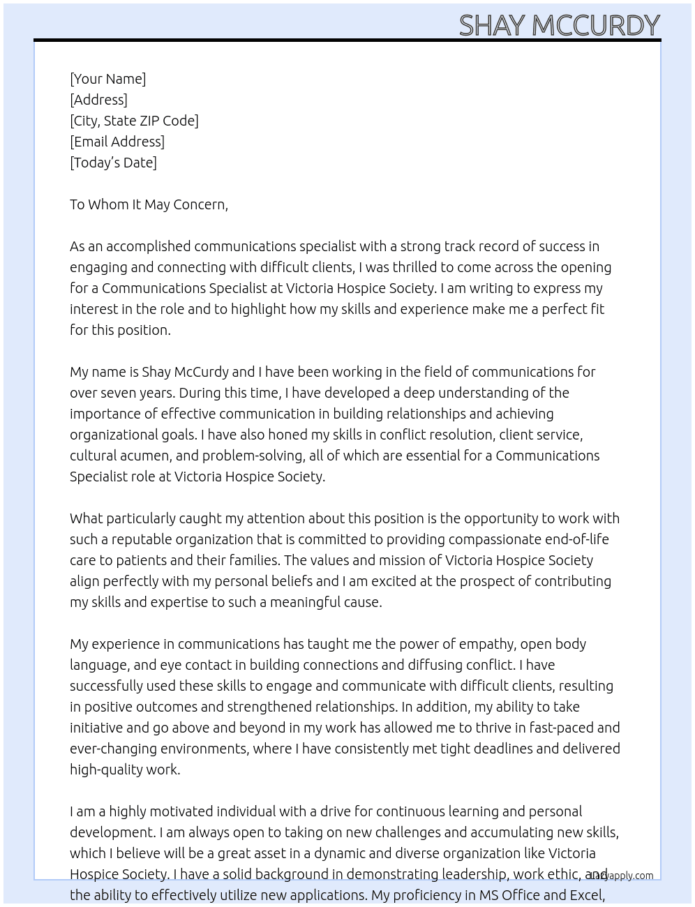 Communications Specialist At Victoria Hospice Society Cover Letter