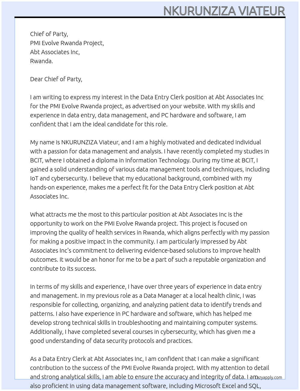 Data Entry Clerk  At Abt Associates Inc  Cover Letter