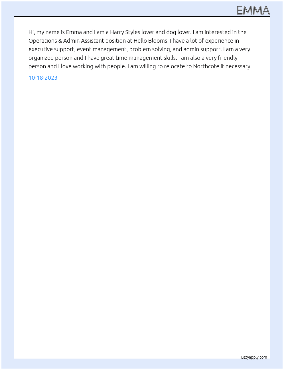 Operations & Admin Assistant  At Hello Blooms Cover Letter