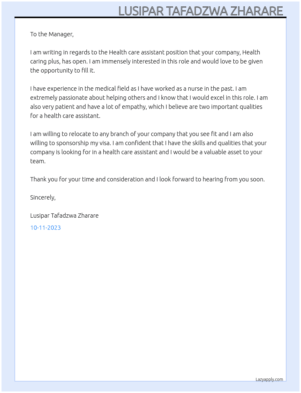 Health care assistant  At Health caring plus  Cover Letter