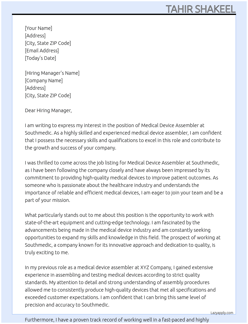 Medical Device Assembler At Southmedic Cover Letter