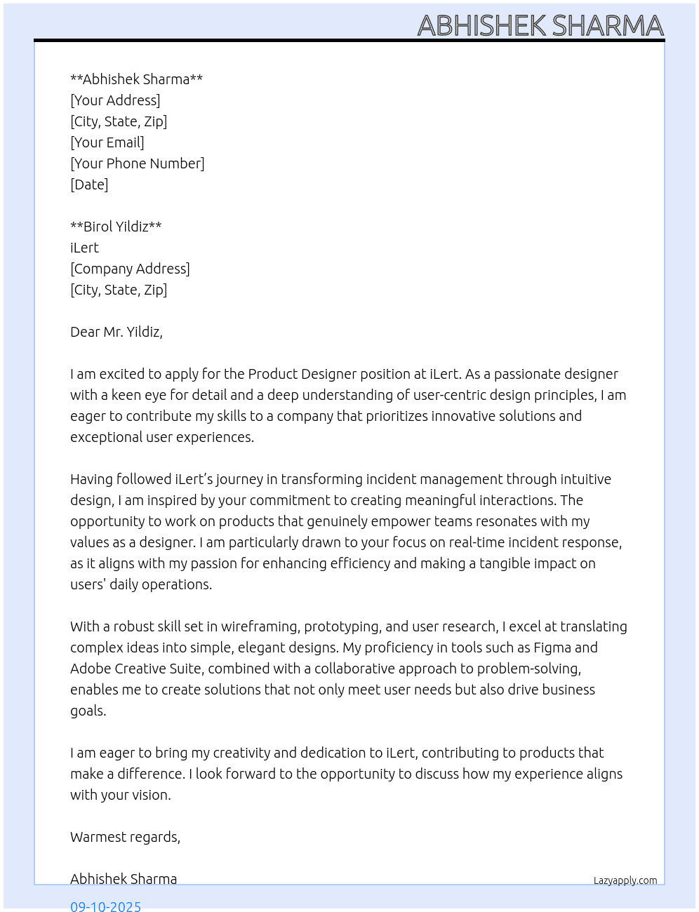 Product Designer At iLert Cover Letter