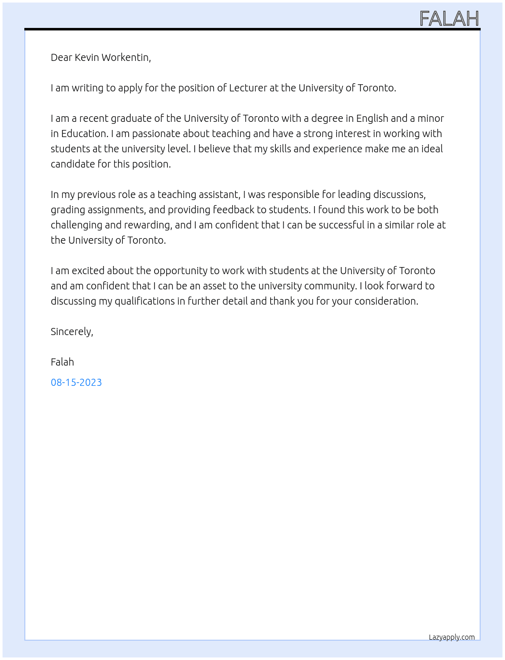 Lecturer At Univeristy of Toronto Cover Letter