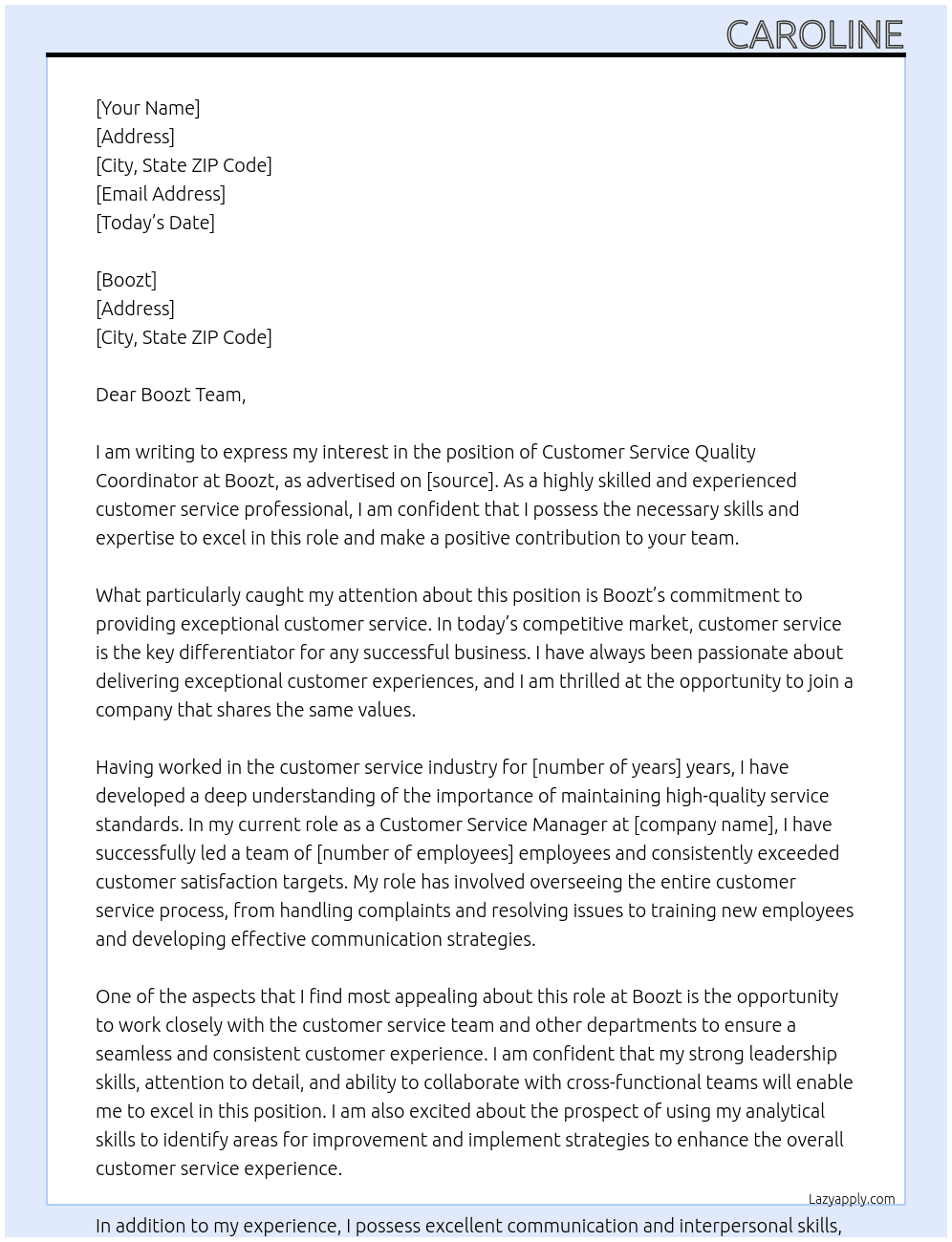 Customer Service Quality Coordinator At Boozt Cover Letter
