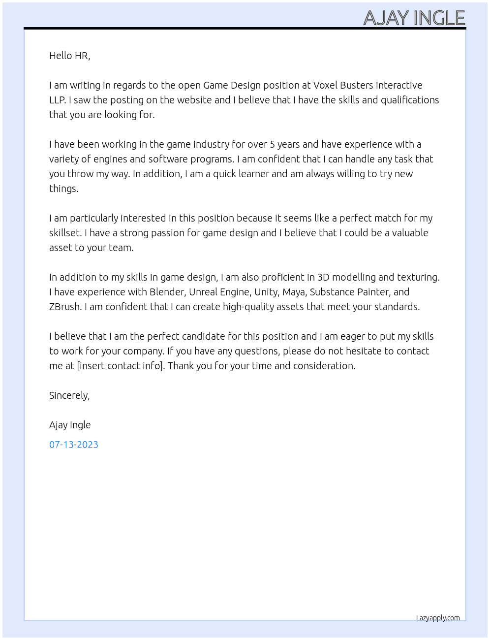 Game Design  At Voxel Busters interactive LLP Cover Letter