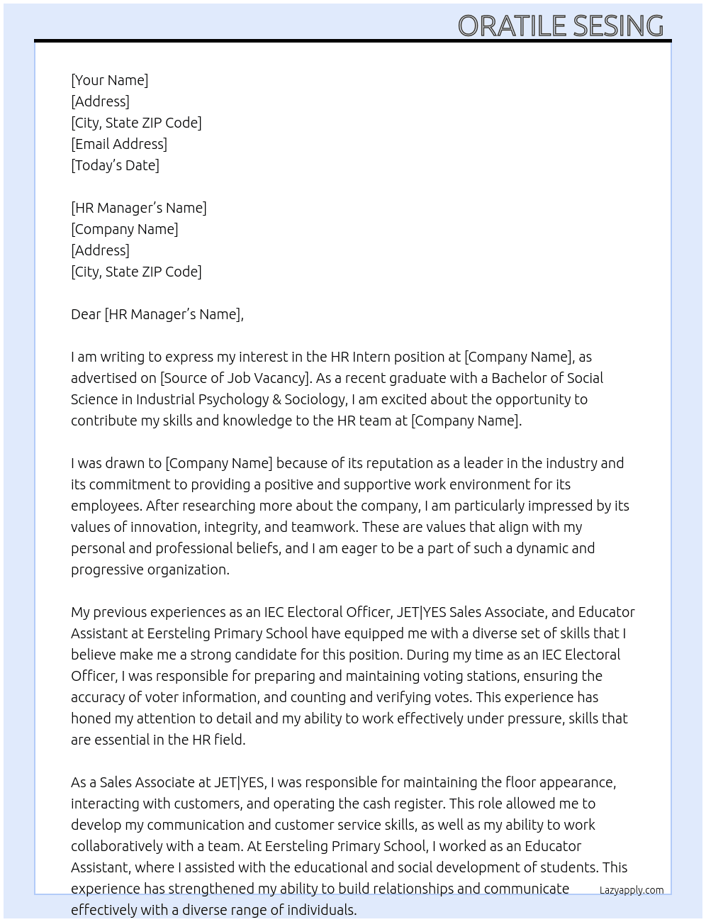 HR Intern At ufs Cover Letter