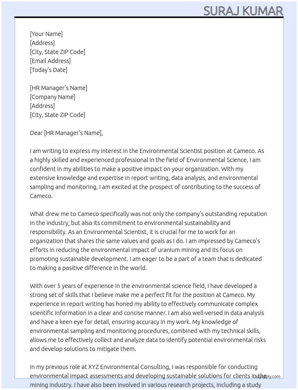 Environmental scientist At Cameco Cover Letter